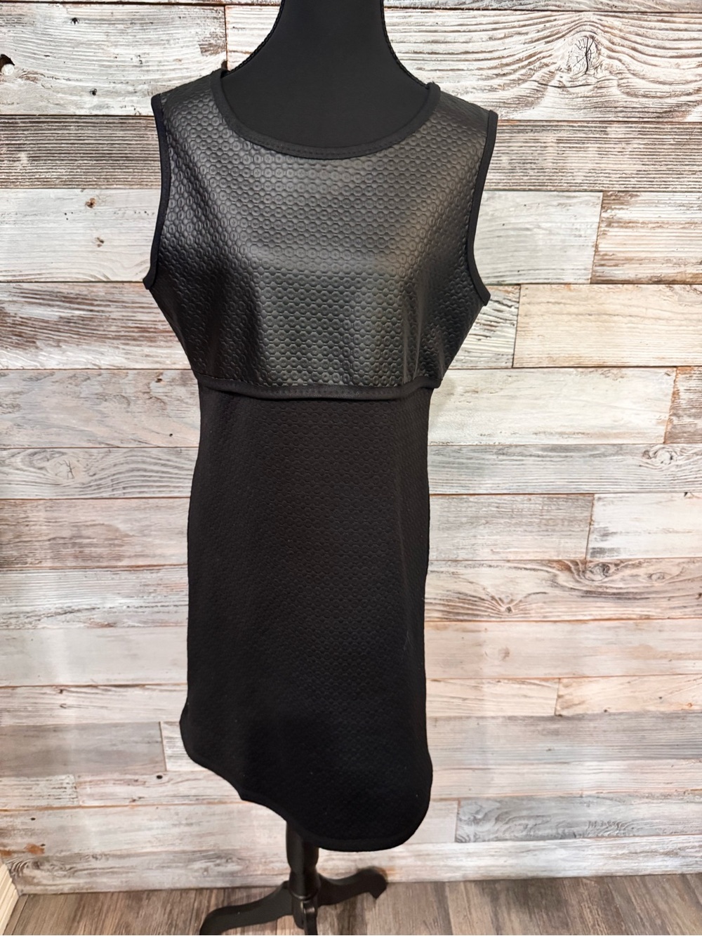 NWT Modern Black Sleeveless Midi Dress with Textured Overlay